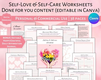 Editable Self-Love Self-Care Worksheets Canva Template Commercial and Personal Use Done for You Content Spiritual Business Workbook Journal