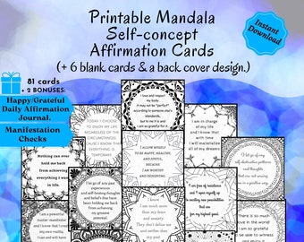 PRINTABLE Black & White Mandala Self-concept Affirmations | Positive Affirmation Cards | Manifestation Cards | Motivational Cards | LOA