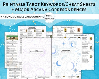 May include: Printable tarot cheat sheets with keywords and major arcana correspondences. The sheets feature a celestial design with moons and stars in blue and white on a light blue background. The text "Tarot Cheat Sheet/Keywords" is printed in white on a pink background.