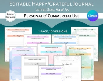 Editable & Printable Happy Grateful Journal Template Canva Template Commercial Use Manifestation Affirmations Gratitude Journal Template LOA