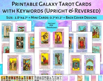 PRINTABLE Rider-Waite Tarot Karten Mit Stichwörtern PDF Galaxy Hintergrund Aufrechte und Umgekehrte Bedeutungen Tarot Anfänger Deck Lerne Tarot Einfach PDF