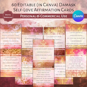 60 Editable Self-Love Affirmation Cards Dark Pink Damask Canva Template Commercial and Personal Use LOA Cards for Positive Affirmations PDF