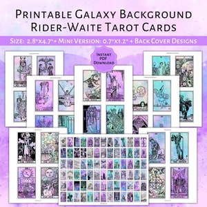 PRINTABLE Rider-Waite Tarot Cards (Galaxy Background)| Printable Card Deck PDF | Tarot Mini-Version | Printable Tarot PDF | 78 Tarot Cards