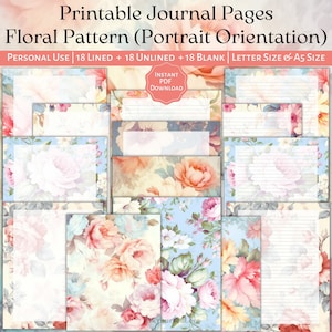 DRUCKBARE Blumen Journal Seiten liniert unliniert, Shabby Rosen, Letter, A5, Hochformat, Scrapbooking, Junk Journals, Vintage, Blumen, PDF Journal