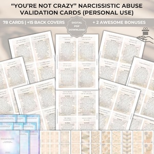 Op de afbeelding: Een digitale PDF-download van 78 validatiekaarten voor herstel van narcistisch misbruik. De kaarten hebben beige aquarelachtergronden met zwarte tekst, inclusief titels zoals You're Not Crazy en The Truth, plus 15 achterkanten en 2 bonussen.