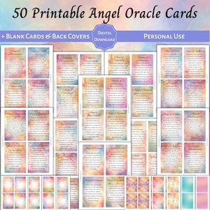 50 cartões de anjo oracle para impressão, uso pessoal, mensagens coloridas de orientação espiritual, cartões encorajadores de apoio, cartões oracle em branco, pdf