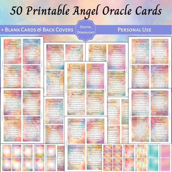 50 PRINTABLE Angel Oracle Cards Personal Use Colorful Spiritual Guidance Messages Supportive Encouraging Cards PDF Blank Oracle Cards