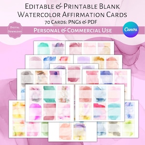 Modèle Canva de 70 cartes aquarelles vierges modifiables et imprimables à usage commercial et personnel Cartes colorées vierges pour affirmations positives PDF