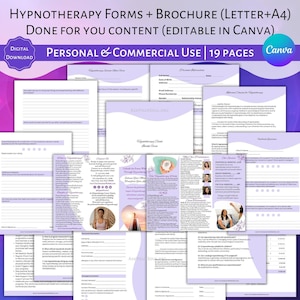 Könnte beinhalten: Ein Satz druckbarer Formulare und eine Broschüre für Hypnotherapiesitzungen. Die Broschüre ist in einem violetten und weißen Farbschema gehalten und zeigt eine Frau, die vor einem Sonnenuntergang meditiert. Der Text auf der Broschüre lautet "Entfessle die Kraft in dir durch Hypnotherapie". Die Formulare umfassen ein Klientenaufnahmeformular, eine Sitzungsvereinbarung und ein Einverständniserklärungsformular. Die Formulare sind für Hypnotherapeuten konzipiert, um Informationen von Klienten zu sammeln und den Behandlungsverlauf zu dokumentieren.