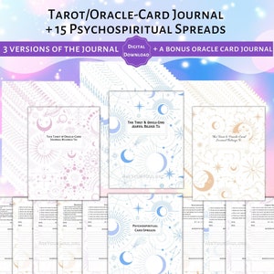 Diário de cartas de tarô e oráculo para impressão + spreads psicoespirituais | Rastreador de leitura de cartão diário, semanal e mensal | Adivinhação | Puxar cartas de tarô