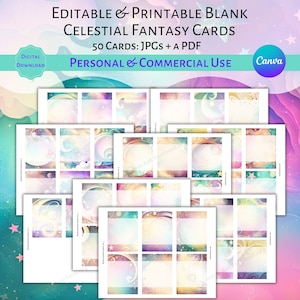 50 cartes vierges de fantaisie céleste modifiables et imprimables, modèle canva à usage commercial, usage personnel, cartes d'affirmation magique Oracle PDF