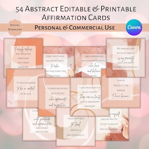 May include: Set of 54 printable affirmation cards with abstract pink and orange watercolour backgrounds. The cards feature positive affirmations such as "I easily release any negative emotions that don't serve me." and "I am surrounded by wonderful people who love and believe in me."