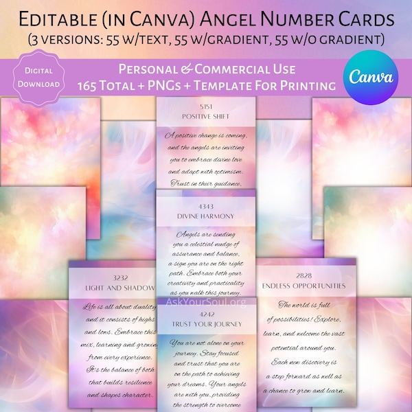 Editable Angel Number Cards Canva Template Commercial and Personal Use Customizable Oracle Messages Affirmations Quotes Blank Cards PNGs