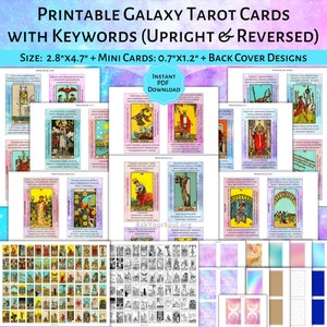 PRINTABLE Rider-Waite Tarot Karten Mit Stichwörtern PDF Galaxy Hintergrund Aufrechte und Umgekehrte Bedeutungen Tarot Anfänger Deck Lerne Tarot Einfach PDF