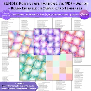 Bundle: Positive Affirmation Lists & Editable Square Cards PDF Commercial and Personal Use DFY Content Law of Attraction Canva Templates PLR