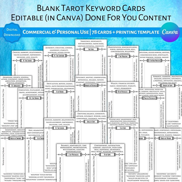 Editable Blank Tarot Cards with Keywords Canva Template Commercial & Personal Use DFY Content Spiritual Business Template Tarot Beginners