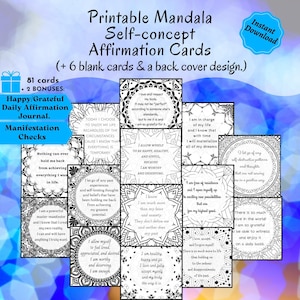 IMPRIMÍVEL Afirmações de autoconceito de mandala em preto e branco | Cartões de afirmação positiva | Cartões de Manifestação | Cartões motivacionais | LOA