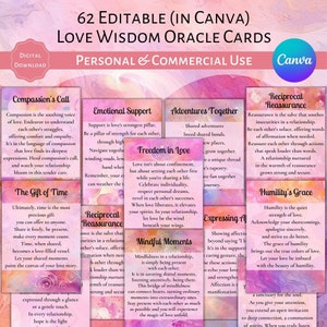 62 tarjetas editables de oráculo de amor, sabiduría, plantilla de lienzo rosa, uso comercial y personal, PDF, tarjetas de mensajes espirituales de orientación para relaciones