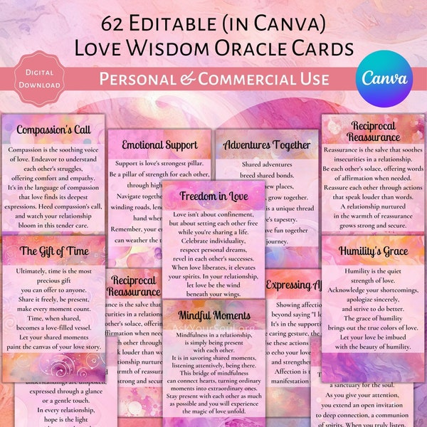 62 Editable Love Wisdom Oracle Cards Pink Canva Template Commercial and Personal Use PDF Relationship Guidance Spiritual Messages Cards