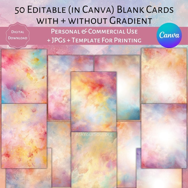 50 Editable Blank Cards Canva Template Commercial and Personal Use PDF Colorful Customizable Oracle Affirmation Quotes Message Cards JPGs