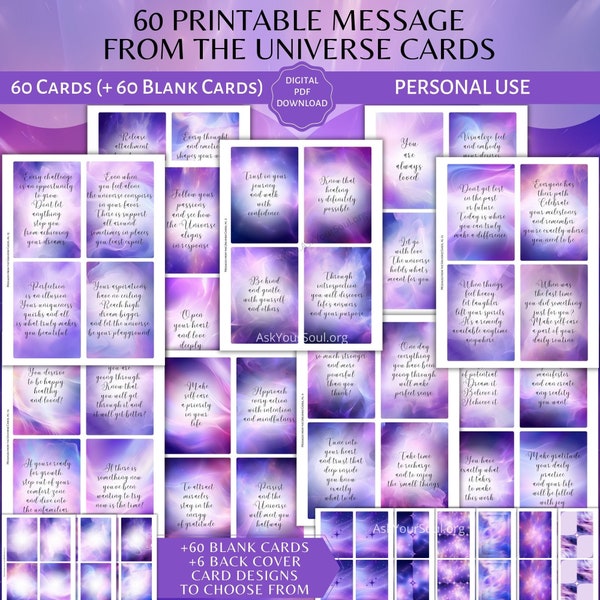60 PRINTABLE Messages from the Universe Oracle Cards Personal Use Spiritual Guidance Messages Oracle Quotes Affirmation Blank Cards PDF