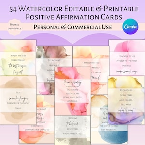 54 bearbeitbare und druckbare benutzerdefinierte Affirmationskarten mit Aquarell-Selbstkonzept | Canva Vorlage | Kommerzielle Nutzung | Positive Affirmationen | LOA