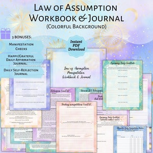 Libro de trabajo y diario IMPRIMIBLE de la Ley de la Asunción Rastreador de manifestación de la realidad colorida Diario de gratitud de Neville Goddard Carta de acción de superación personal