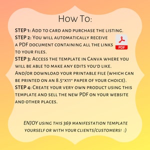 May include: A digital product image with a gradient yellow and orange background. Text reads "How To:" followed by instructions on how to use a template. Includes a PDF icon. The template is for creating a product and selling it.