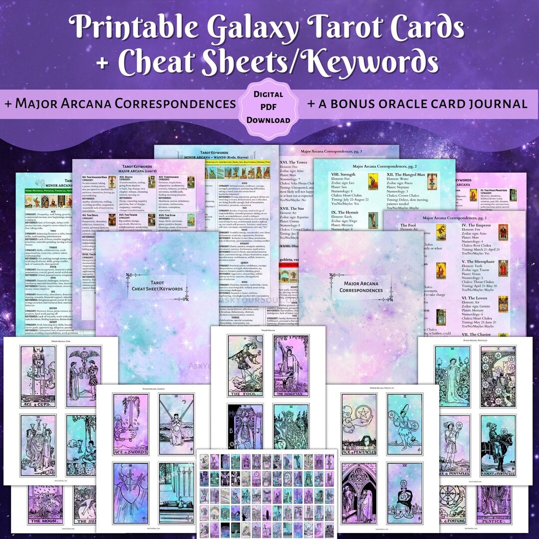 PRINTABLE Galaxy Tarot Cards & Cheat Sheets Keywords Rider Waite Smith Tarot Cards Meanings