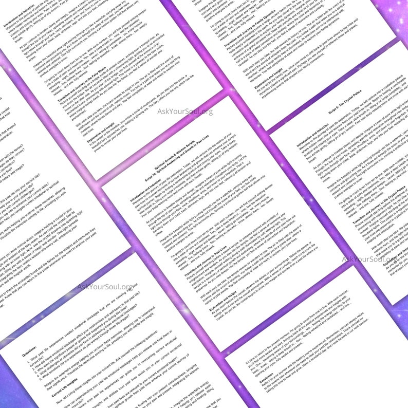 May include: A purple and white printable guide with the title "Script 3: Spiritual Growth & A Woman's Soul Line" and text about the journey to the feminine, traditions and family, expansion and insight, and the crystal pulse.