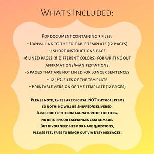 May include: A digital product image with text on a gradient yellow and orange background. The text lists the contents: a PDF document with 3 files, a Canva link, instructions, lined and unlined pages, JPG files, and a printable template. The image states the product is digital.