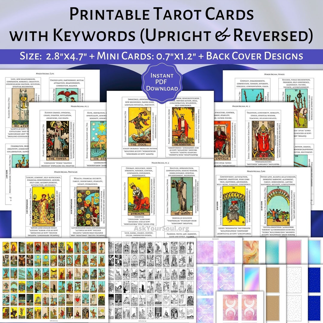 PRINTABLE Riderwaite Tarot Cards With Keywords PDF Upright and