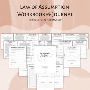 May include: A black and white printable workbook and journal titled "Law of Assumption Manifestation Workbook & Journal" with 31 pages and 3 bonuses. The cover features a stylized design of stars and circles.