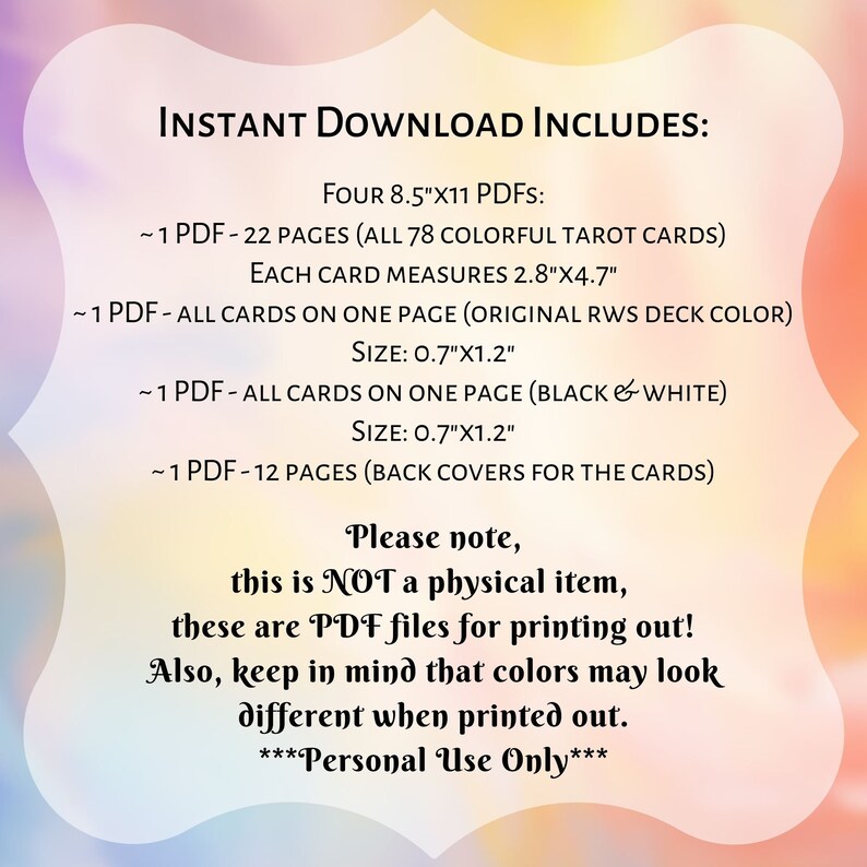 PRINTABLE Colorful Rider-waite Tarot Cards PDF Unique RWS Tarot Deck ...