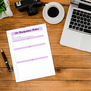 May include: A 369 Manifestation Method worksheet with a light purple header and sections for writing. The worksheet is on a wooden desk with a laptop, coffee cup, and pen. The worksheet has the numbers 3, 6, and 9.