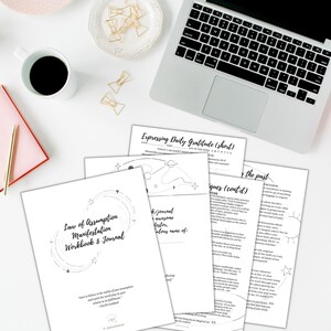 May include: A black and white printable workbook and journal with the title "Law of Assumption Manifestation Workbook & Journal". The cover features a quote by Neville Goddard: "Don't believe in the reality of your assumption and watch the world fall into place - it's part relative to the reality of your past."