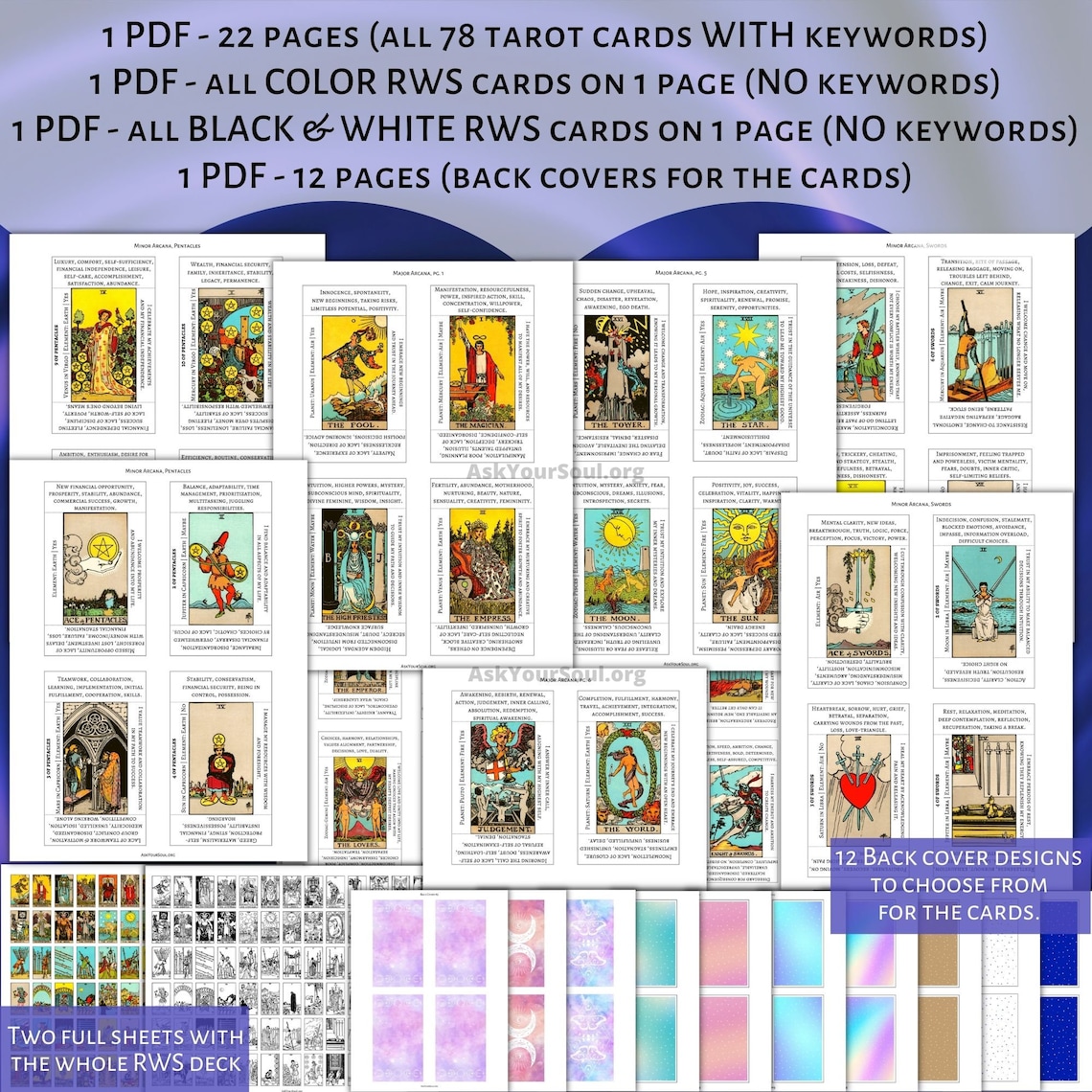 PRINTABLE Rider-waite Tarot Cards With Keywords PDF Upright and ...