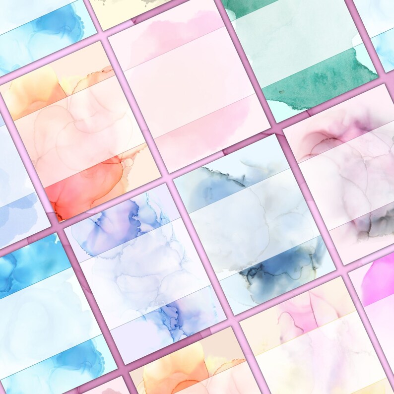 Peut inclure: Une collection de fonds aquarelle abstraits dans diff&eacute;rentes nuances de bleu, rose, orange et vert. Chaque fond a une ligne horizontale blanche divisant les sections sup&eacute;rieure et inf&eacute;rieure.