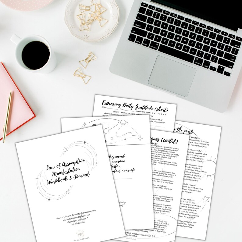 May include: A set of printable worksheets for a law of assumption manifestation workbook and journal. The worksheets feature a celestial theme with stars and planets. The text on the worksheets includes "Law of Assumption Manifestation Workbook & Journal" and "Expressing Daily Gratitude (short)".
