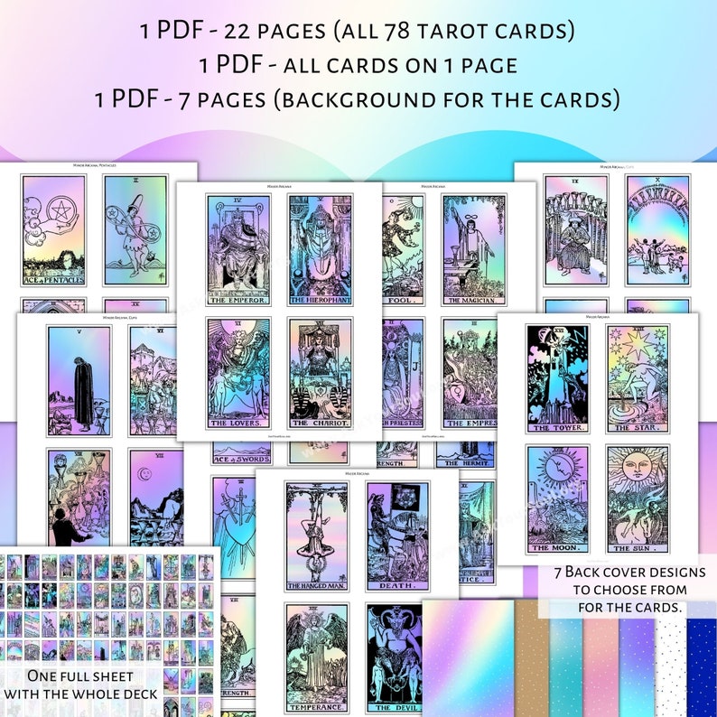 May include: A digital download of 78 tarot cards with holographic backgrounds. The cards are in black and white with a variety of designs. There are 7 different holographic backgrounds to choose from. The text on the image reads: "1 PDF - 22 PAGES (ALL 78 TAROT CARDS) 1 PDF - ALL CARDS ON 1 PAGE 1 PDF - 7 PAGES (BACKGROUND FOR THE CARDS) 7 BACK COVER DESIGNS TO CHOOSE FROM FOR THE CARDS."