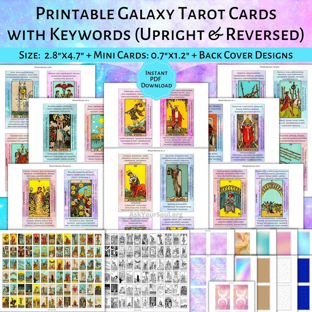 PRINTABLE Rider-waite Tarot Cards With Keywords PDF Galaxy Background ...