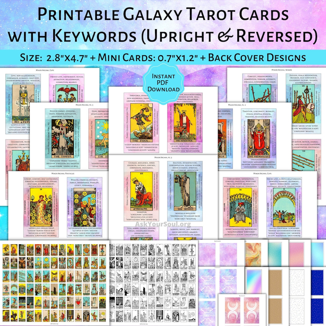 PRINTABLE Rider-waite Tarot Cards With Keywords PDF Galaxy Background ...