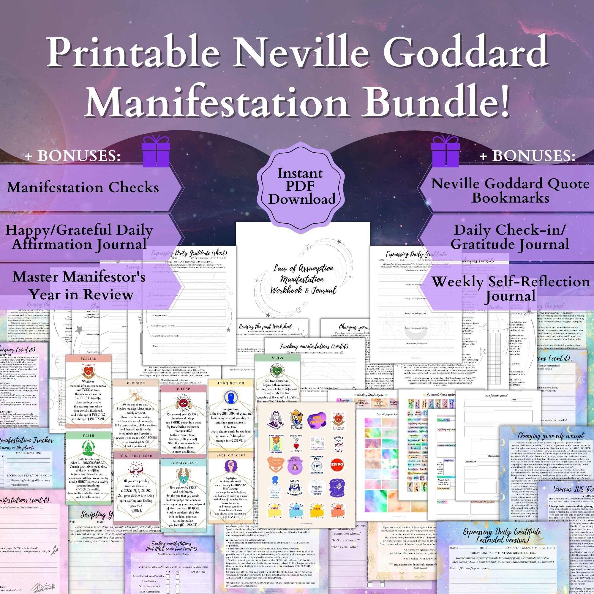 PRINTABLE Neville Goddard Manifestation Bundle Manifestation Journal & Tracker Neville Quote Cards Law of Assumption Workbook LOA Stickers