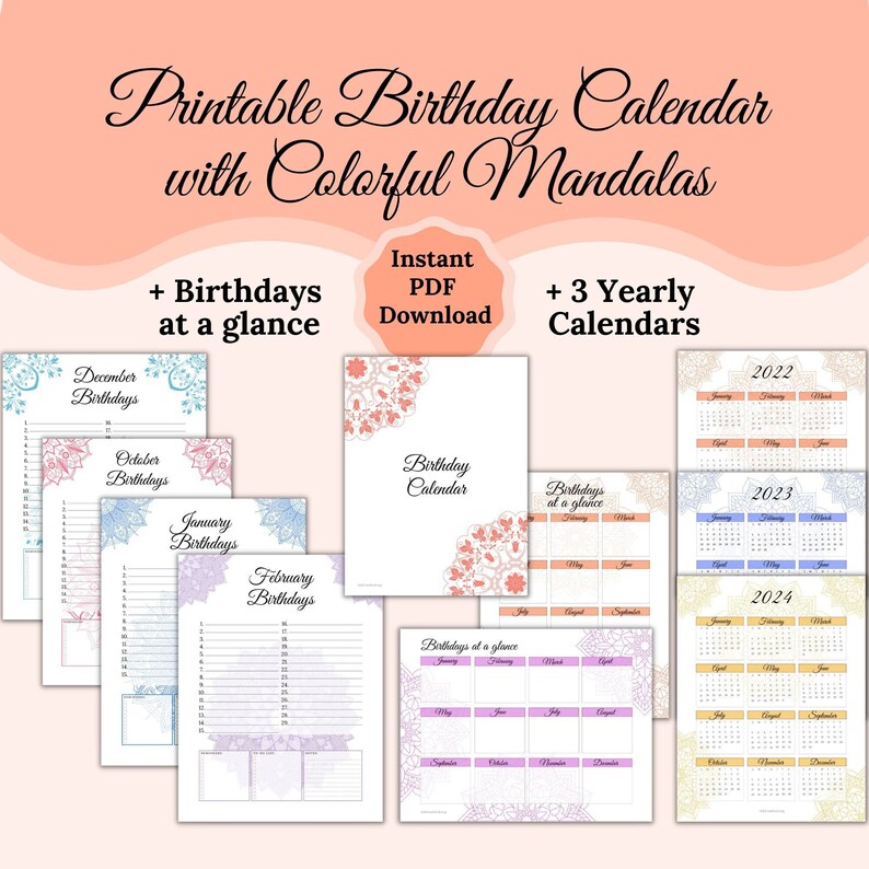 PRINTABLE Birthday Calendar Digital Mandala Birthday Tracker Yearly ...