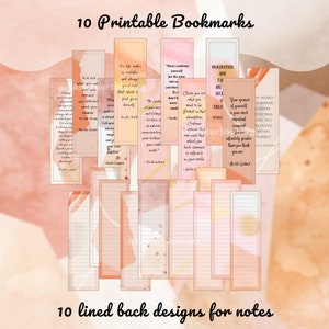 May include: Ten printable bookmarks with inspirational quotes by Neville Goddard. Each bookmark features a peach and cream watercolor background with a lined back for note-taking.