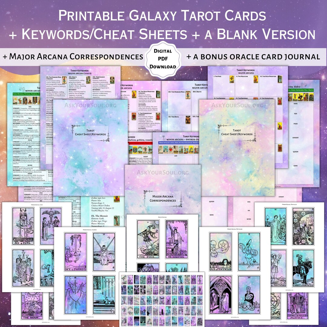 PRINTABLE Galaxy Tarot Cards & Cheat Sheets Keywords PDF Learn Rider Waite Smith Tarot Cards
