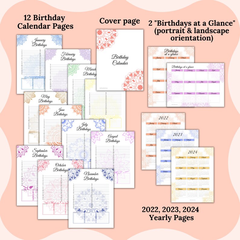PRINTABLE Birthday Calendar Digital Mandala Birthday Tracker Yearly ...