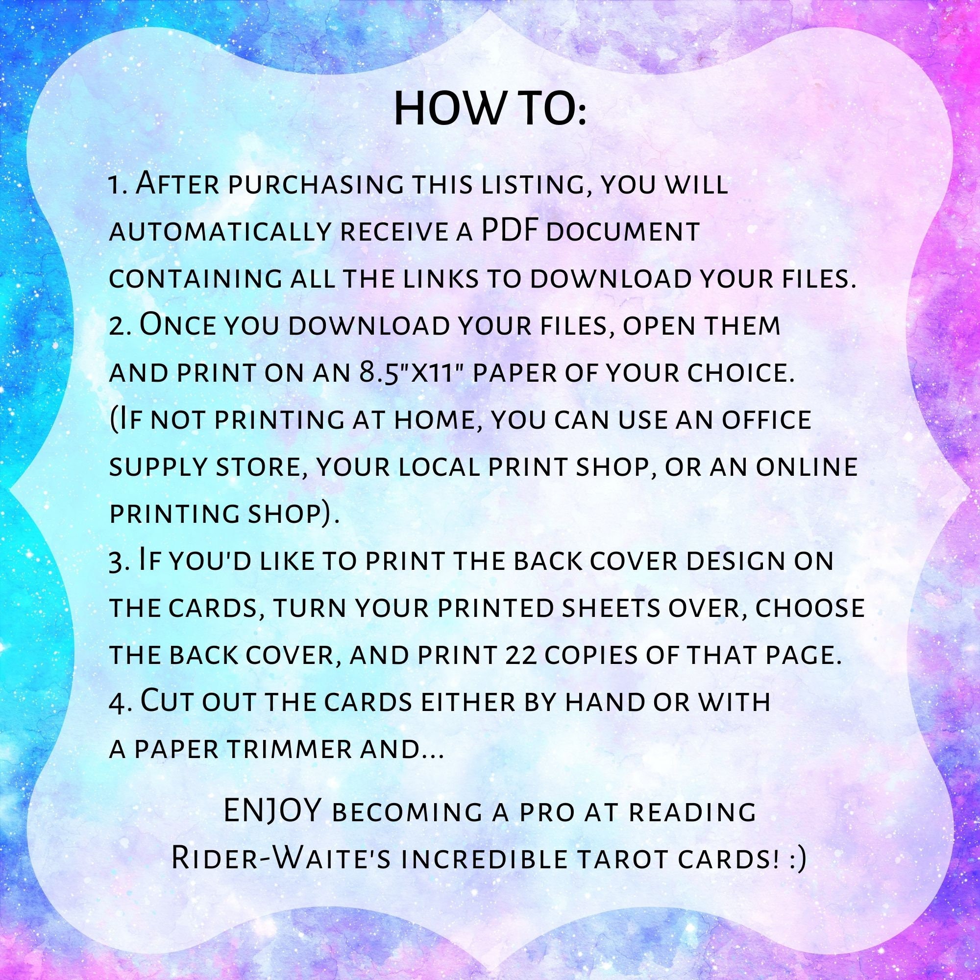 PRINTABLE Rider-waite Tarot Cards With Keywords PDF Galaxy Background ...