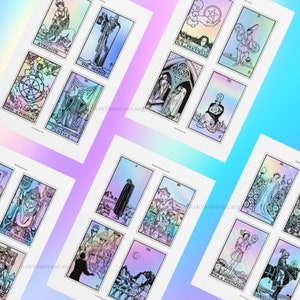 May include: A set of 10 tarot cards with holographic backgrounds. The cards feature black and white illustrations of the major arcana cards. The cards include Strength, The Hermit, Wheel of Fortune, Justice, The Hierophant, Ace of Pentacles, Two of Pentacles, The Moon, Eight of Pentacles, and Knight of Pentacles.