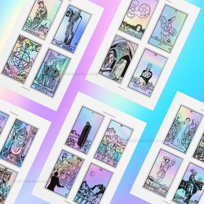 May include: A set of 10 tarot cards with holographic backgrounds. The cards feature black and white illustrations of the major arcana cards. The cards include Strength, The Hermit, Wheel of Fortune, Justice, The Hierophant, Ace of Pentacles, Two of Pentacles, The Moon, Eight of Pentacles, and Knight of Pentacles.